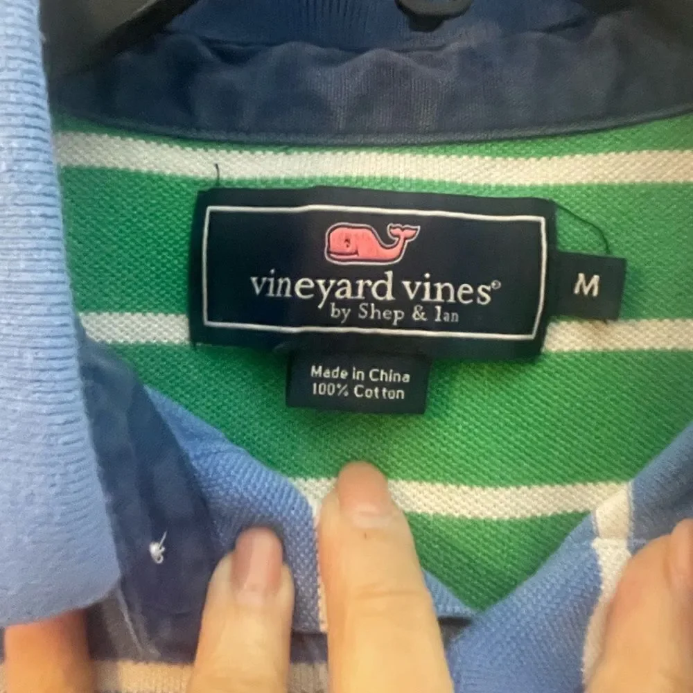 Vineyard Vines blue green‎ pink white shirt sleeve striped polo shirt, medium